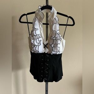 vintage black and white lace up corset top